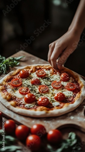 Freshly made pizza topped with tomatoes and herbs in an intimate kitchen setting