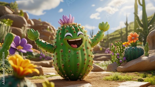 Cheerful cactus character with arms raised, amidst flowers and rocks in a desert landscape.
