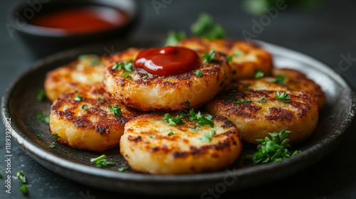 Crispy potato cakes served with fresh herbs and dipping sauce on a wooden table