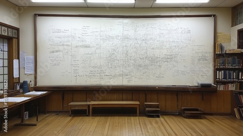 Empty classroom with large screen and wooden benches during daylight hours