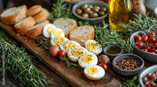 Delicious outdoor brunch setup featuring freshly baked bread and an assortmen...