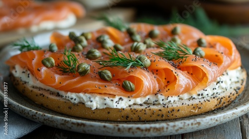 Delicious smoked salmon on a flavorful cream cheese spread with capers and dill