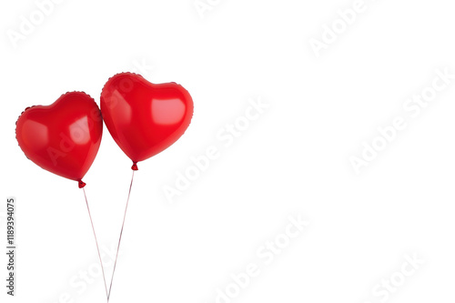 Two red heart shaped balloons floating in the air create a romantic atmosphere with copy space on a transparent background