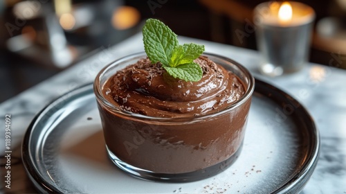 Velvety chocolate mousse topped with mint leaves served in a glass jar on a w...