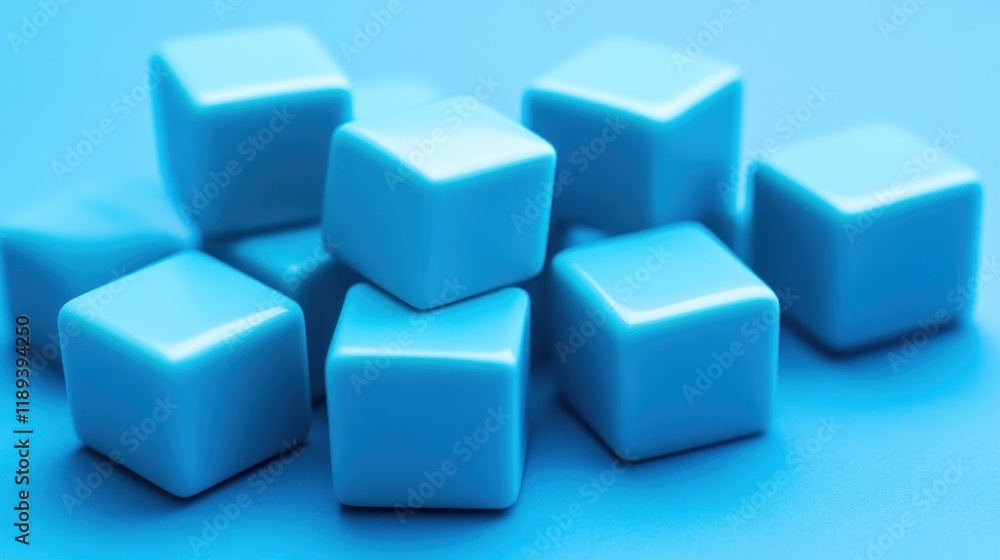 Close-up of a group of light-blue cubes on a vibrant blue surface. Close-up of a group of light-blue cubes on a vibrant blue surface.