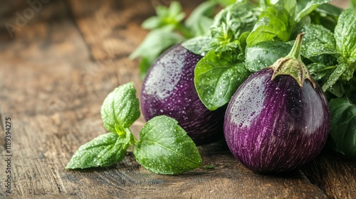 Fresh eggplant on rustic wooden surface with green leaves ready for cooking o...