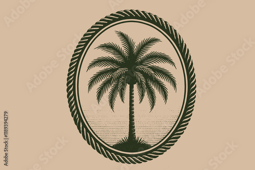 Vintage black and white palm tree in oval frame with rope border