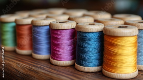 Various spools of colorful thread arranged neatly on a wooden surface for cra...