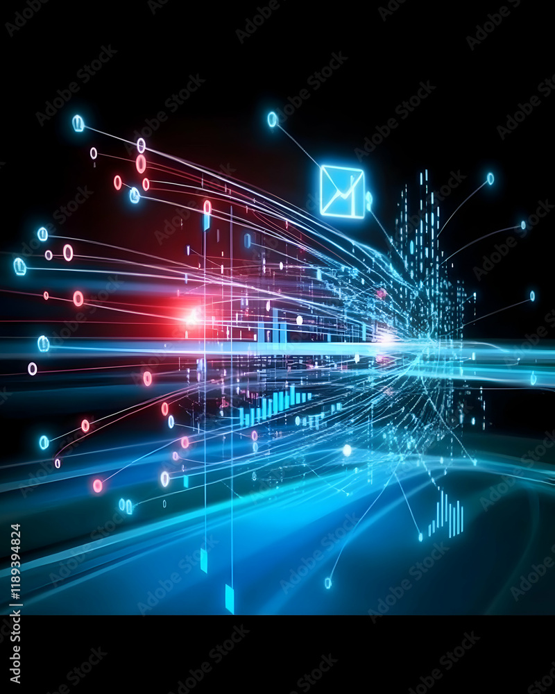 Obraz premium Digital data stream, network communication, global connection, fast information flow, futuristic technology background, ideal for tech websites
