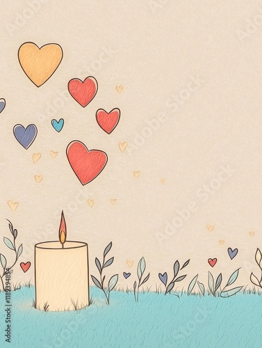 A whimsical candle surrounded by floating colorful hearts. photo