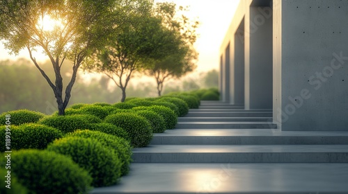 Green boxwood shrubs in modern planters enhance outdoor aesthetic in contempo...