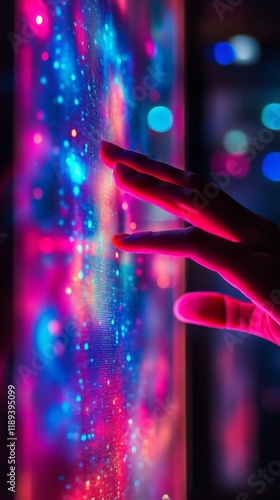 Colorful display of light effects as a hand interacts with glowing particles ...