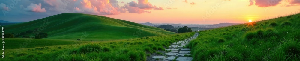 Gentle slope of a green meadow at dusk with a stone path, landscape, hill, stone path Gentle slope of a green meadow at dusk with a stone path, landscape, hill, stone path