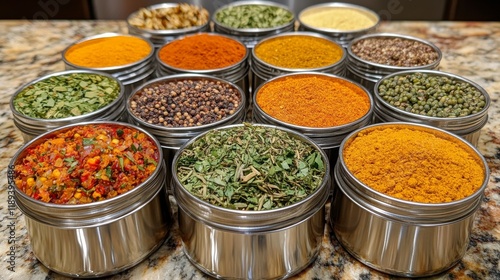 Colorful arrangement of spices and ingredients in glass jars on wooden surface