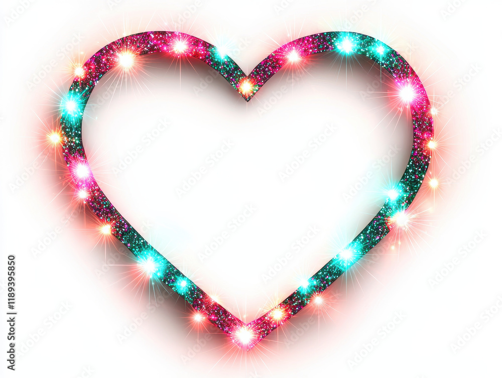 Fototapeta premium Glittering heart frame with glowing pastel pink and teal lights, creating magical vibe