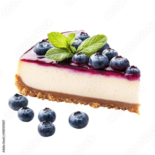 Delicious Blueberry Cheesecake Slice with Mint Garnish A tempting dessert photography of creamy cheesecake topped with juicy blueberries and fresh mint photo