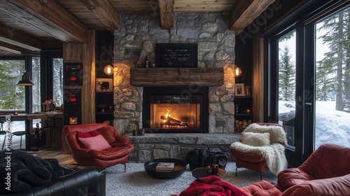 Cozy winter retreat features a warm fireplace and comfortable seating in a mo...