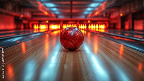 Red bowling ball rolling down wooden lane in a bowling alley at night