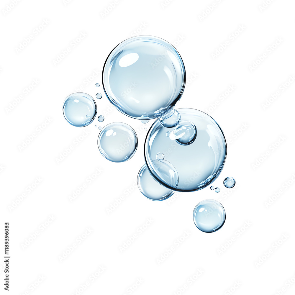 Transparent bubbles with reflections, floating against a white background. Perfect for design elements in graphics or themes related to freshness and cleanliness.