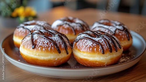 Freshly baked chocolate drizzled donuts on a plate at a cozy cafe