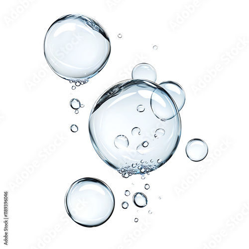 Crystal clear water bubbles floating on a transparent background, perfect for creative designs, advertisements, and refreshing themes in visual projects.