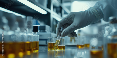 A scientist's gloved hand carefully transfers liquid from one container to another in a laboratory filled with various glass vials, signifying critical research activities. photo