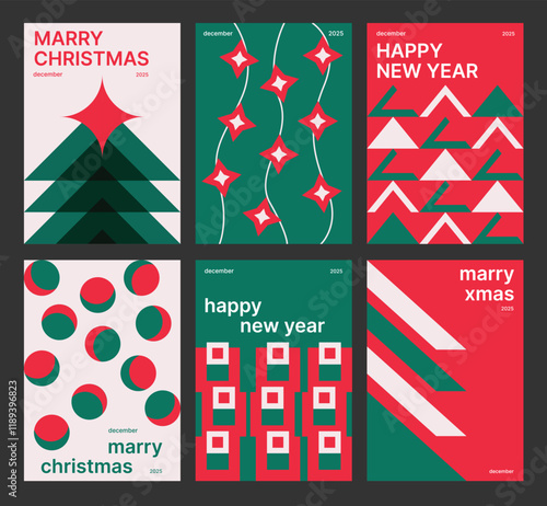 Christmas minimalistic poster design set. Christmas card design. New Year pattern of geometric elements. Vector illustration.