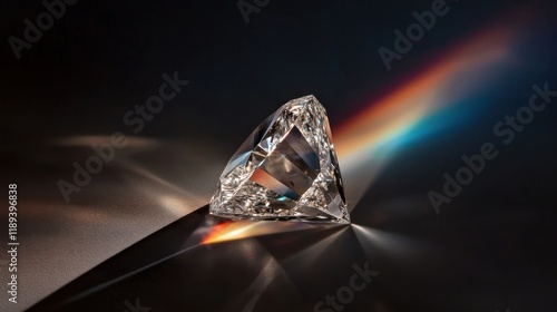 A single diamond emitting a rainbow of colors in complete darkness