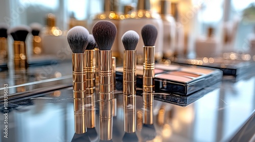 Elegant makeup setup with brushes and products on a marble countertop in natu...
