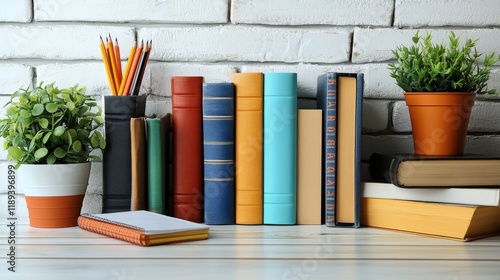 Workspace with books and a decorative plant pot holding pencils on a wooden t...