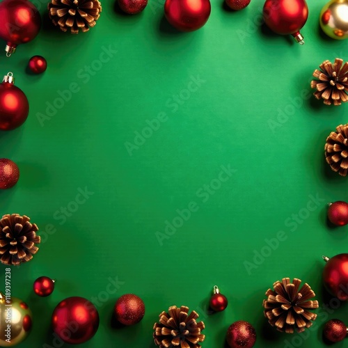 Green table with scattered red and gold Christmas ornaments and pinecones, decoration, pinecones, ornaments