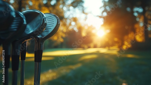 Golf clubs arranged in a row as sunlight filters through trees during a seren...