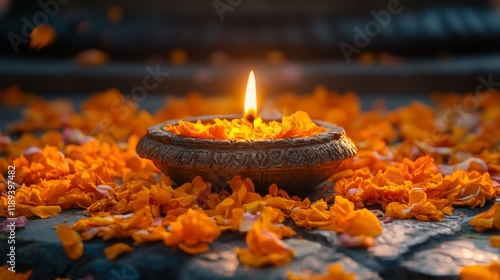 Beautiful diya lit among vibrant orange flower petals for festival celebration