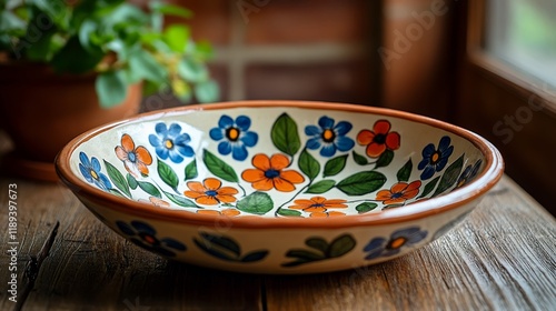 Colorful handcrafted ceramic bowl with floral design on rustic wooden table