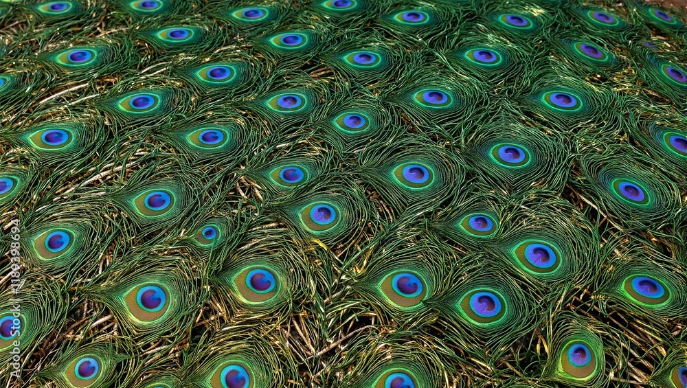 Obraz premium Vibrant peacock feather displaying emerald green turquoise and gold hues with shimmering iridescence