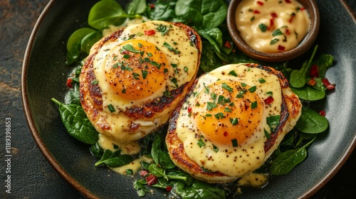 Delicious eggs benedict served on a bed of fresh spinach with cherry tomatoes...