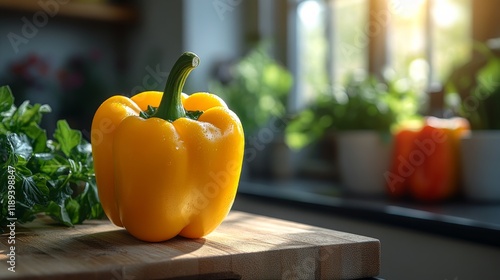 Yellow bell pepper placed on a wooden cutting board in a kitchen setting duri...