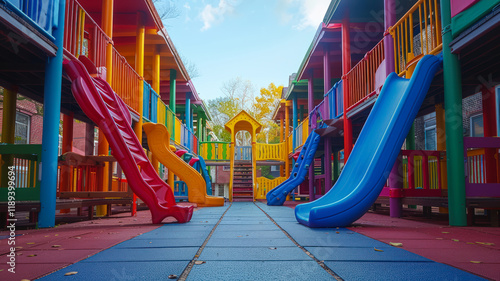 Colorful Outdoor Playground with Slides and Play Structures  
 photo