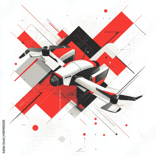 A simple flat vector art of a futuristic drone with an asymmetrical, bold design. Features a clever humor, grainy texture, and a three-color palette of red, white, and gray in a top-down perspective.
