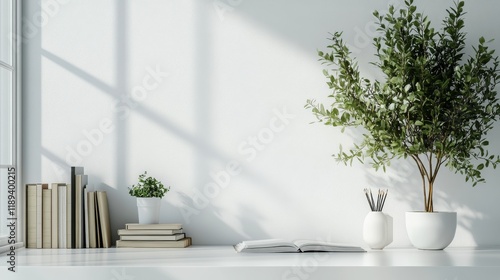 Bright and serene workspace with plants, books, and natural light filling the...
