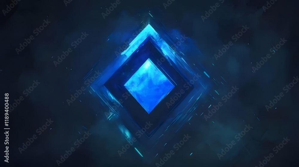 Glowing blue crystal square in dark background. Glowing blue crystal square in dark background.