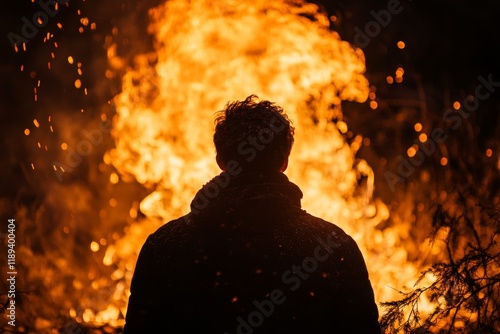 Man standing near campfire in rustic cabin during winter sunset