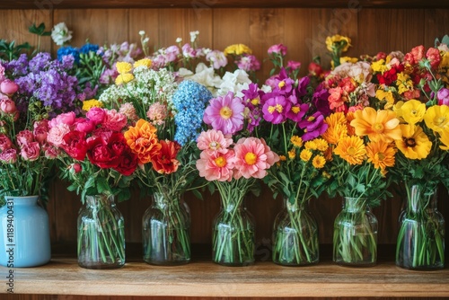 Colorful flower arrangement in glass vases against a vibrant green backdrop