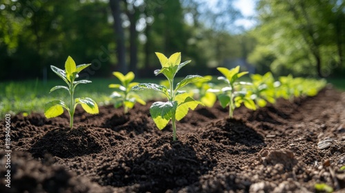 Young plants are thriving in a neat row in a garden under bright sunlight