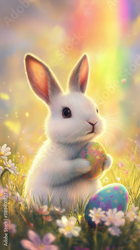 Wallpaper Mural Adorable bunny with easter egg in blooming meadow, rainbow background, easter theme Torontodigital.ca