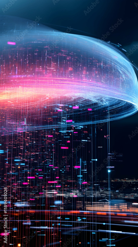 Obraz premium Futuristic city data sphere, digital rain, glowing metropolis, night, tech concept, website banner