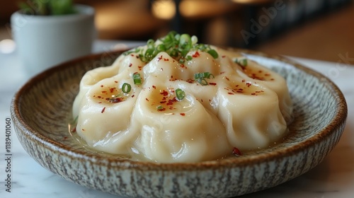 Delicious dumplings served in a stylish restaurant with green onions and spic...