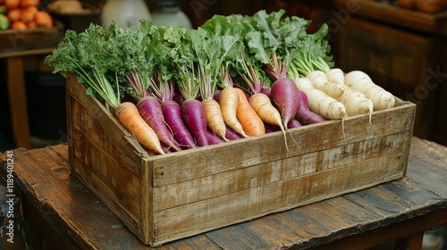 Fresh colorful vegetables organized in a wooden crate at a local market