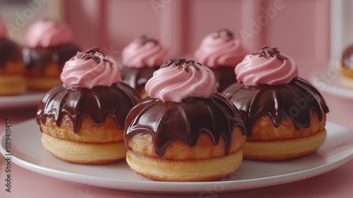 Delicious chocolate glazed donuts arranged on a decorative plate ready for a ...