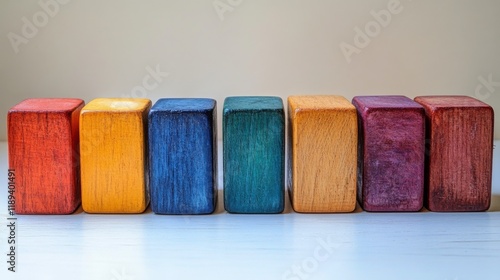 Colorful wooden blocks arranged in a line for creative play and learning acti...
